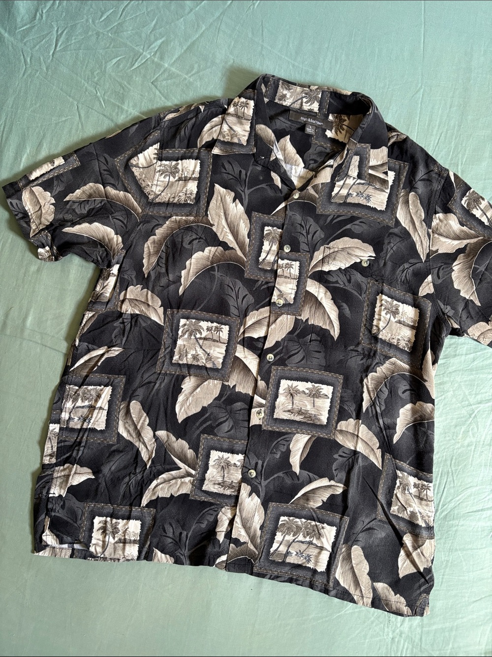 croft & barrow Black and Beige Tropical Print Short-Sleeve Button-Down Shirt